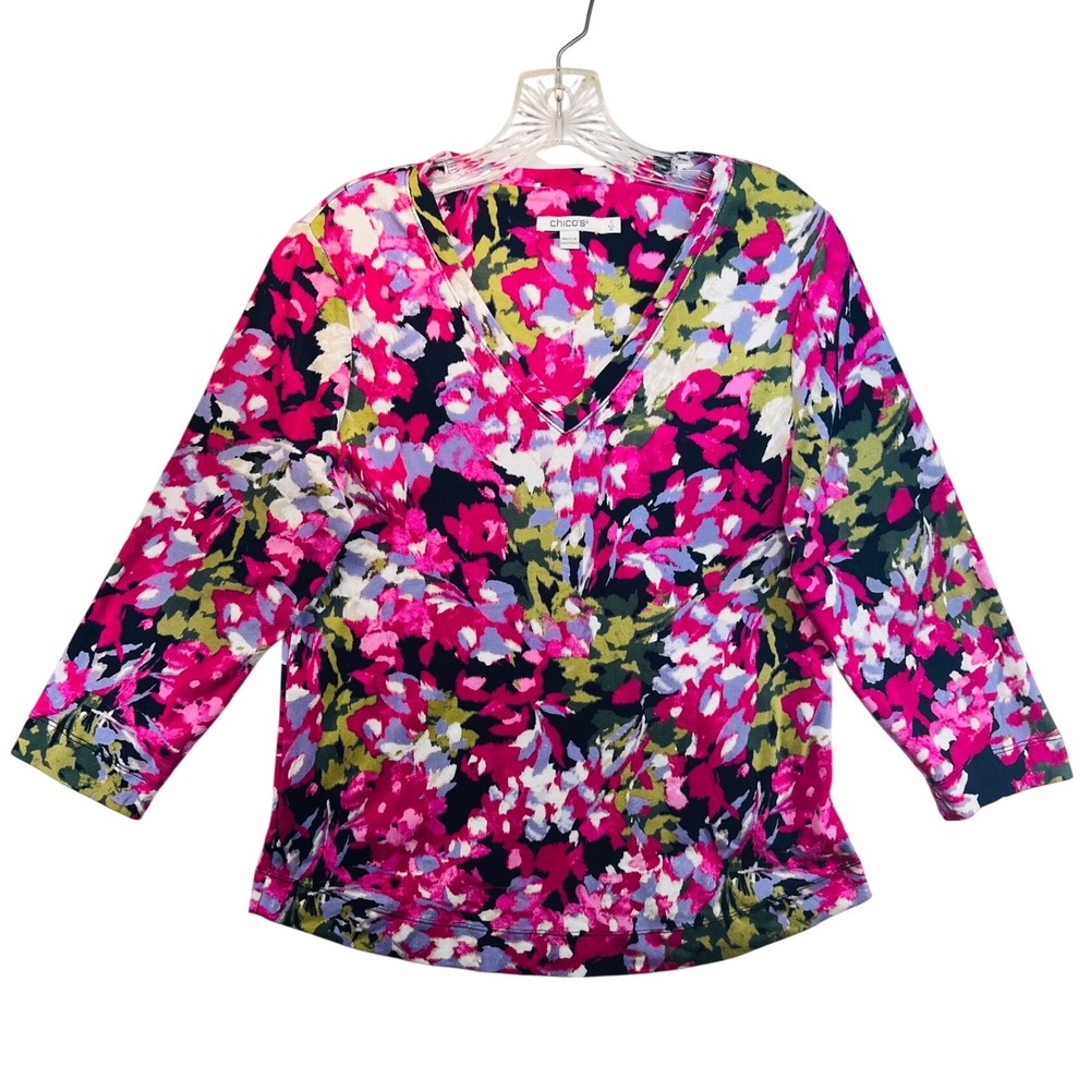 Chicos Womens Pink Floral Abstract V-Neck 3/4 Sleeve Knit Top Size 1 Medium